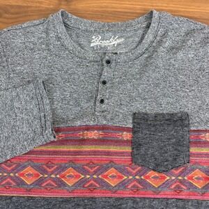 Brooklyn Cloth Mens Gray Long Sleeve Henley Shirt Aztec Trim Casual Top‎ Size L